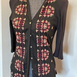 Anthropologie Black and Red Embroidered Top